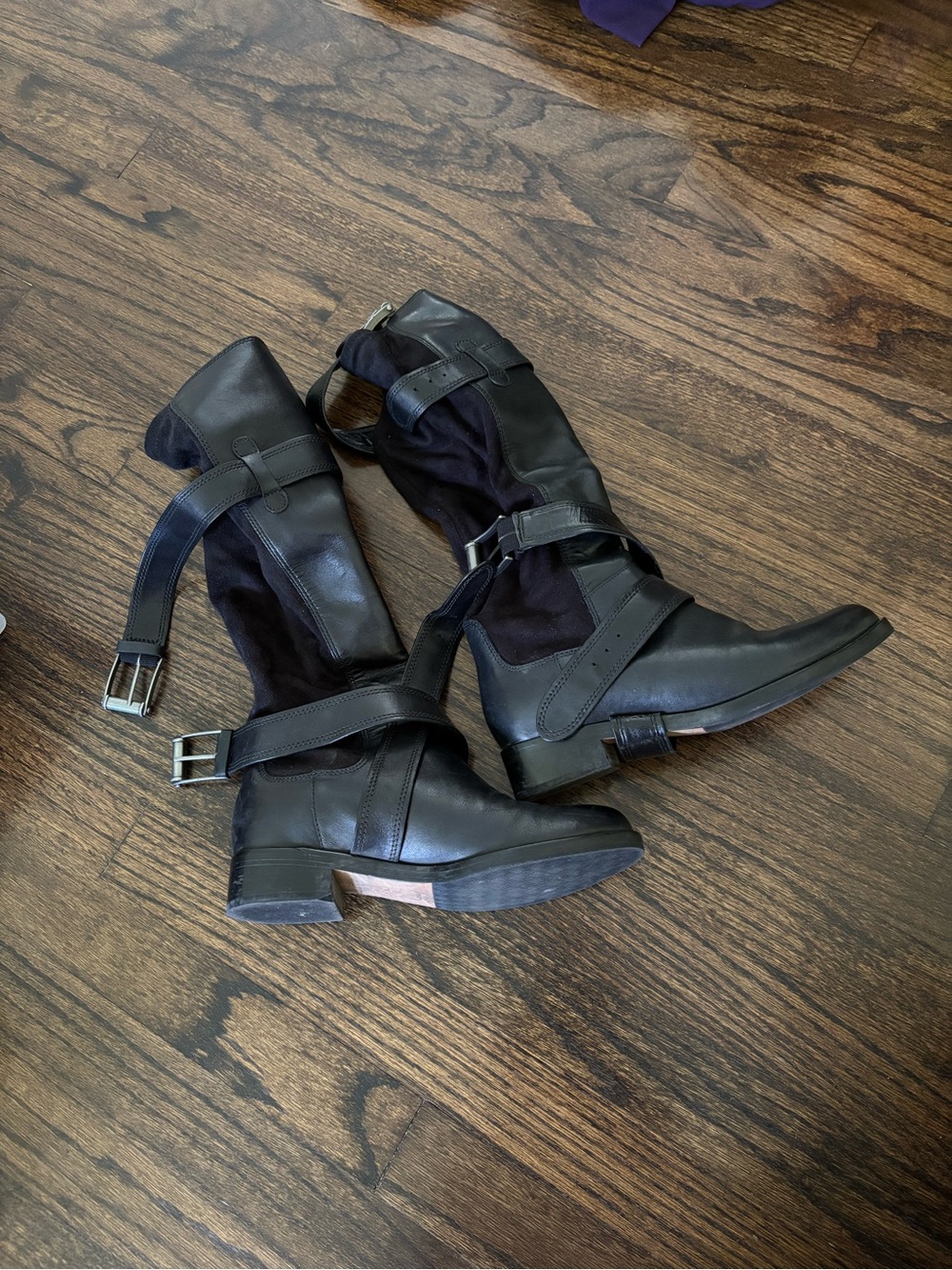 Women's Black Buckle Leather Knee High Boots